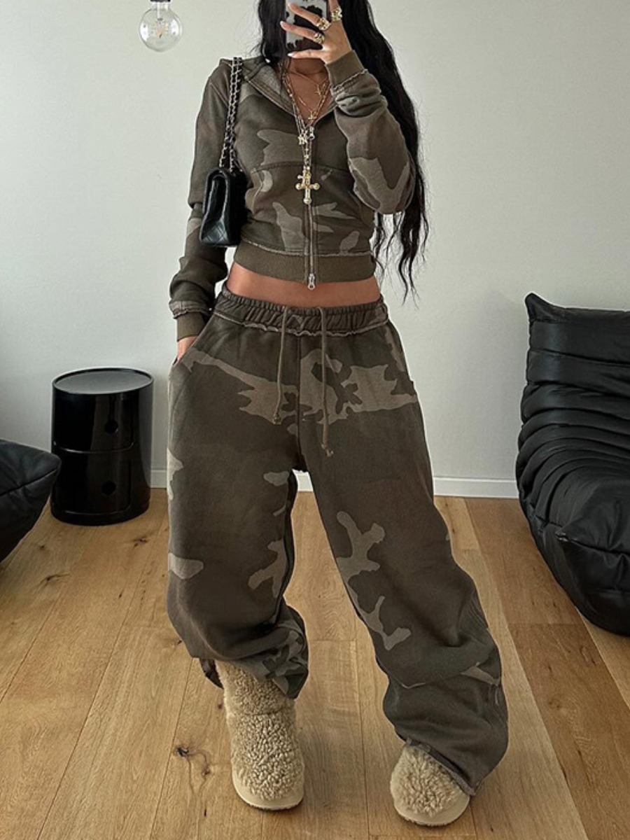 LW Street Polyester Hooded Collar Drawstring Camo Long Sleeve Twopiece