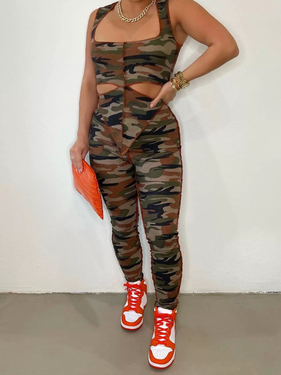 LW Casual Polyester U Neck Cut Out Camo Sleeveless Two-piece Pants Set