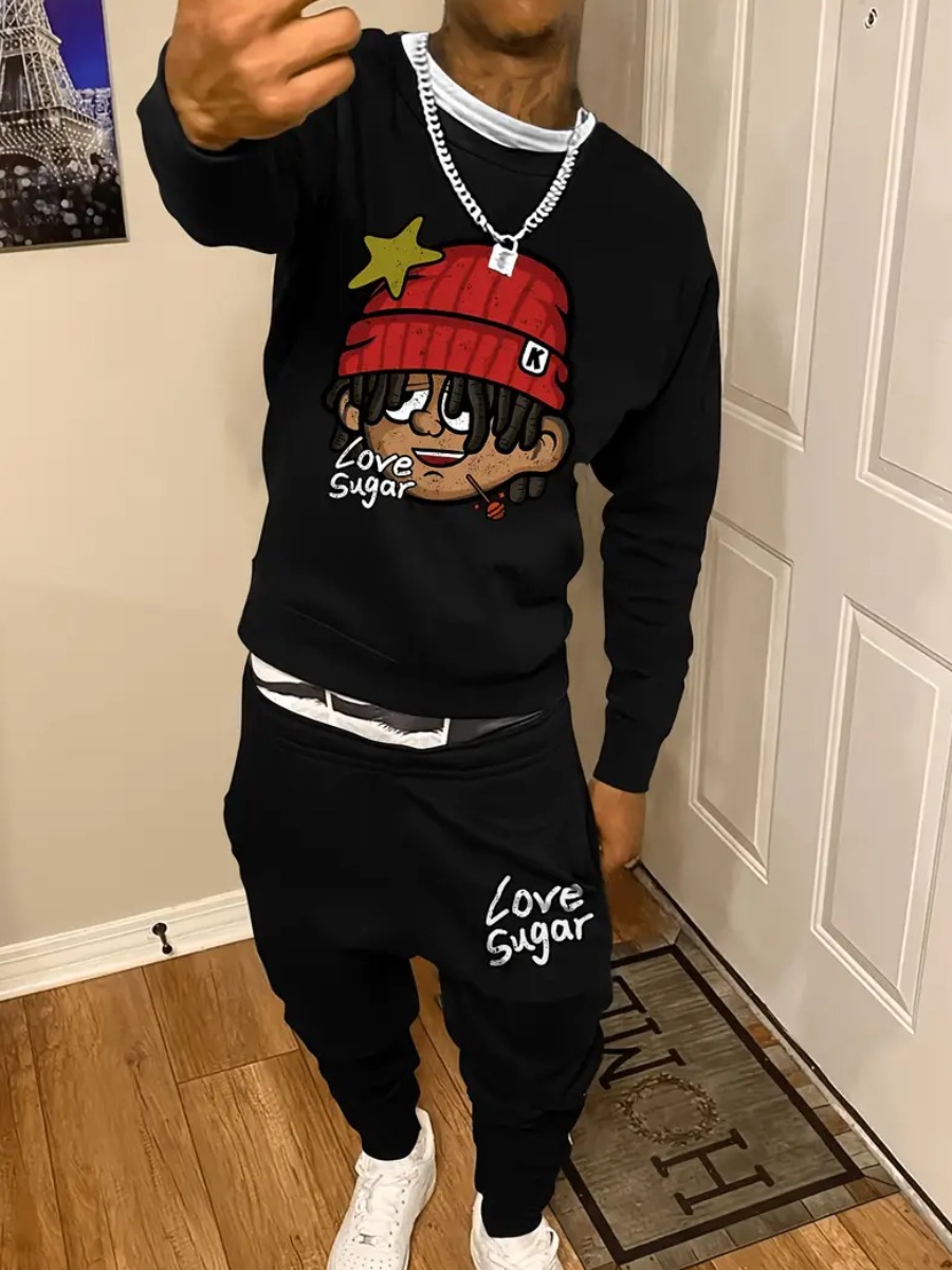 LW Men Pattern Cartoon Print Two-piece Pants Set