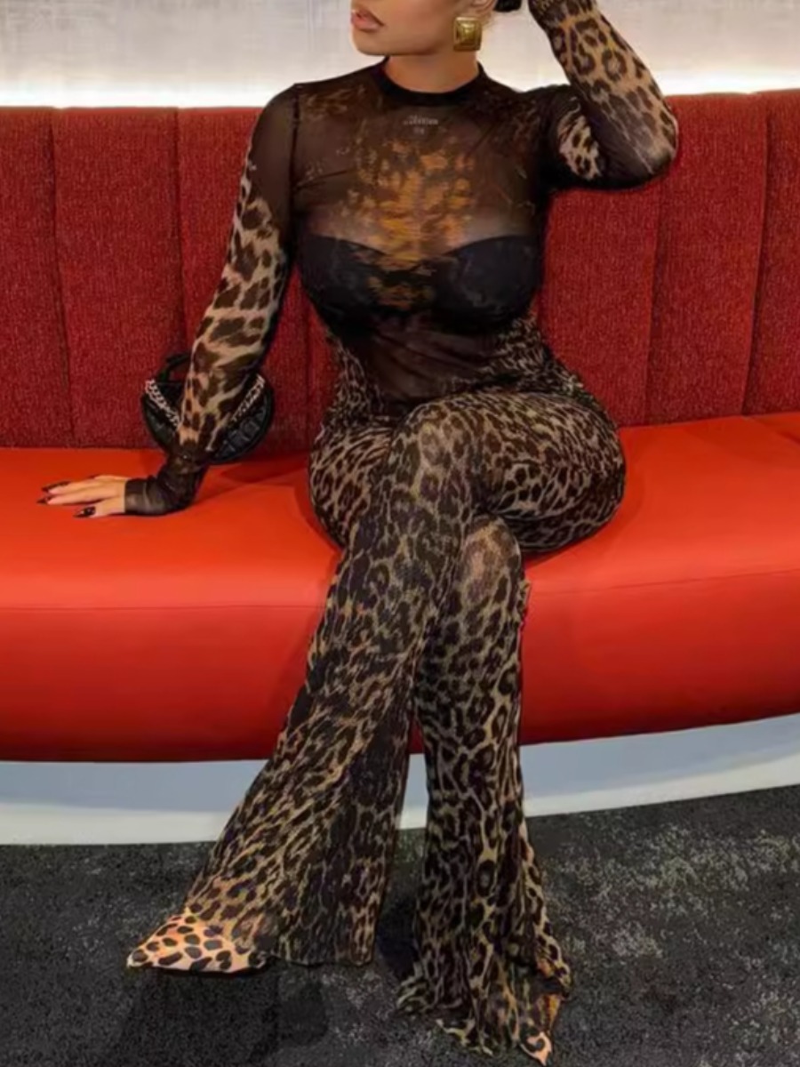 LW SXY Sxy Polyester Round Neck See Through Leopard Print Long Sleeve Leopard Two-piece Pants Set