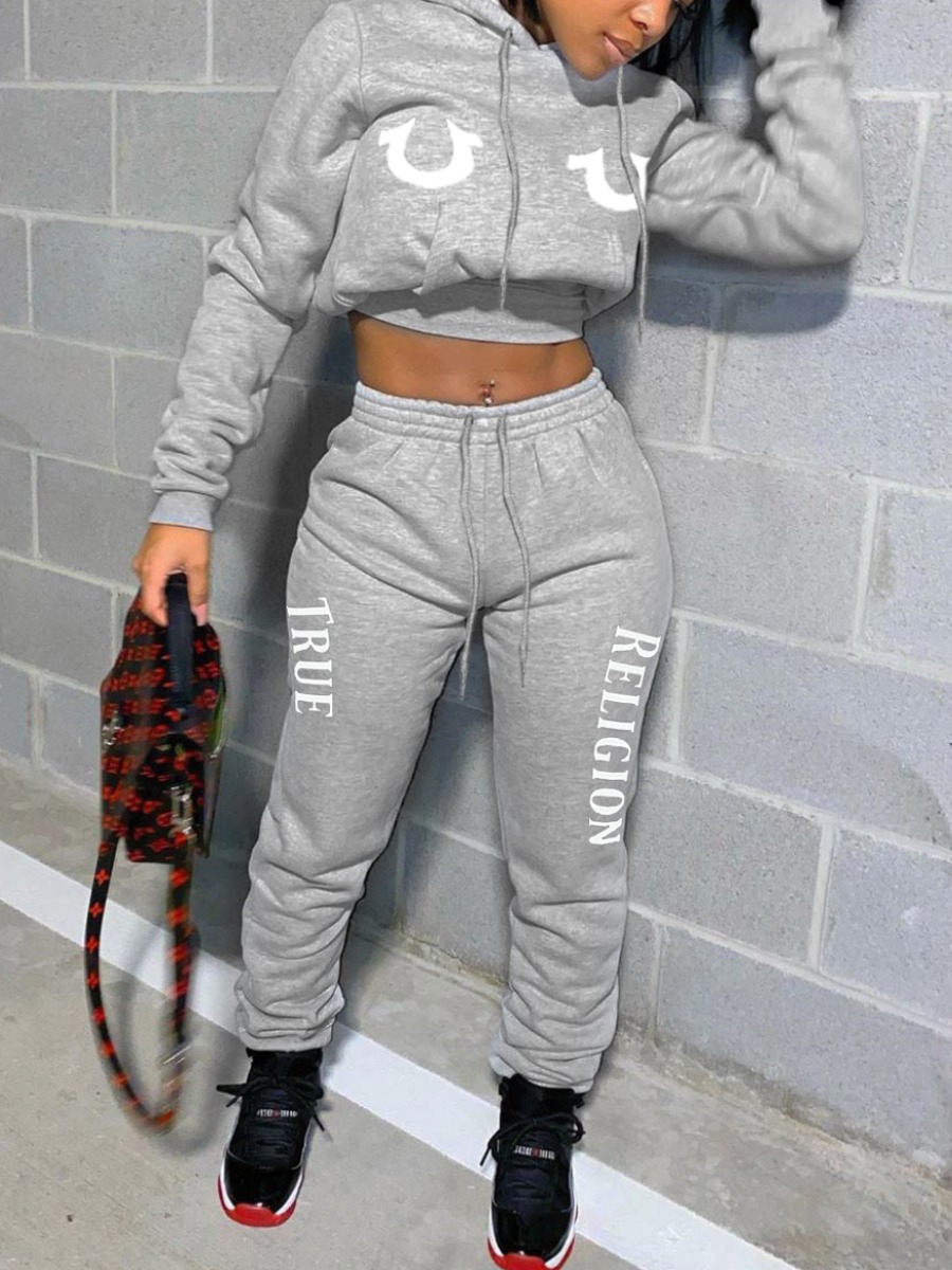 LW Street Polyester Hooded Collar Pattern Letter Print Long Sleeve Two-piece Pants Set