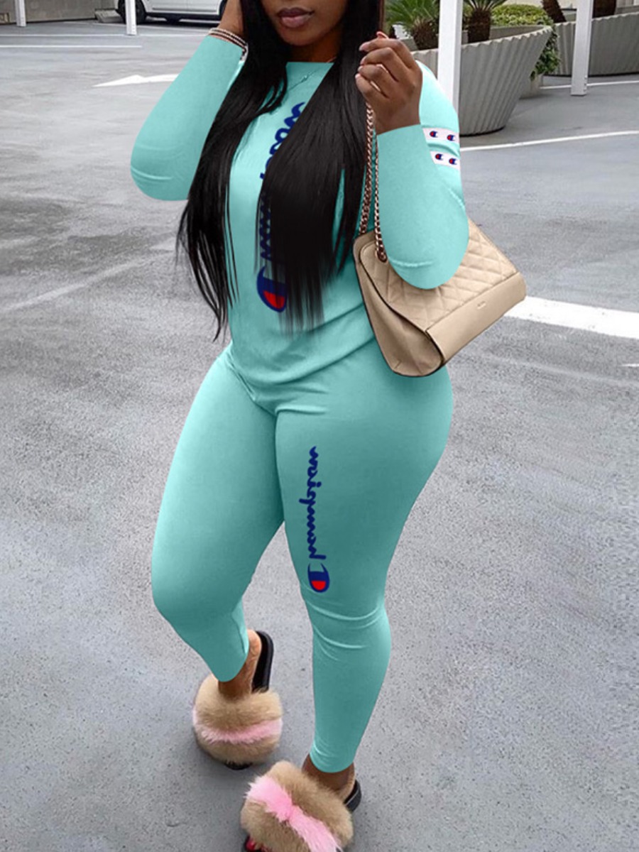 LW Casual Polyester Round Neck Pattern Letter Print Long Sleeve Two-piece Pants Set