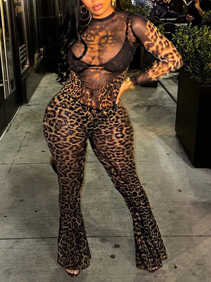 LW Street Polyester Round Neck See Through Leopard