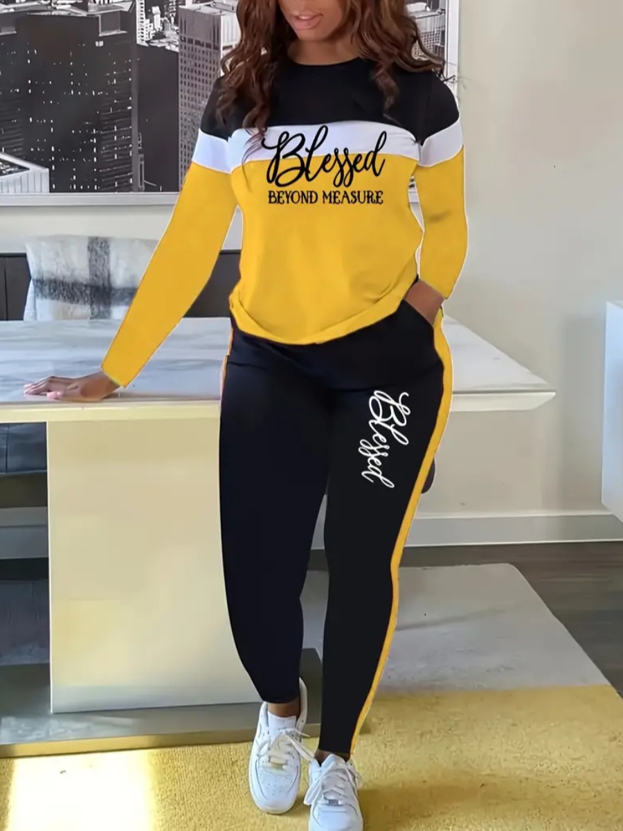 LW Plus Size Pattern Letter Color Contrast Two-piece Pants Set
