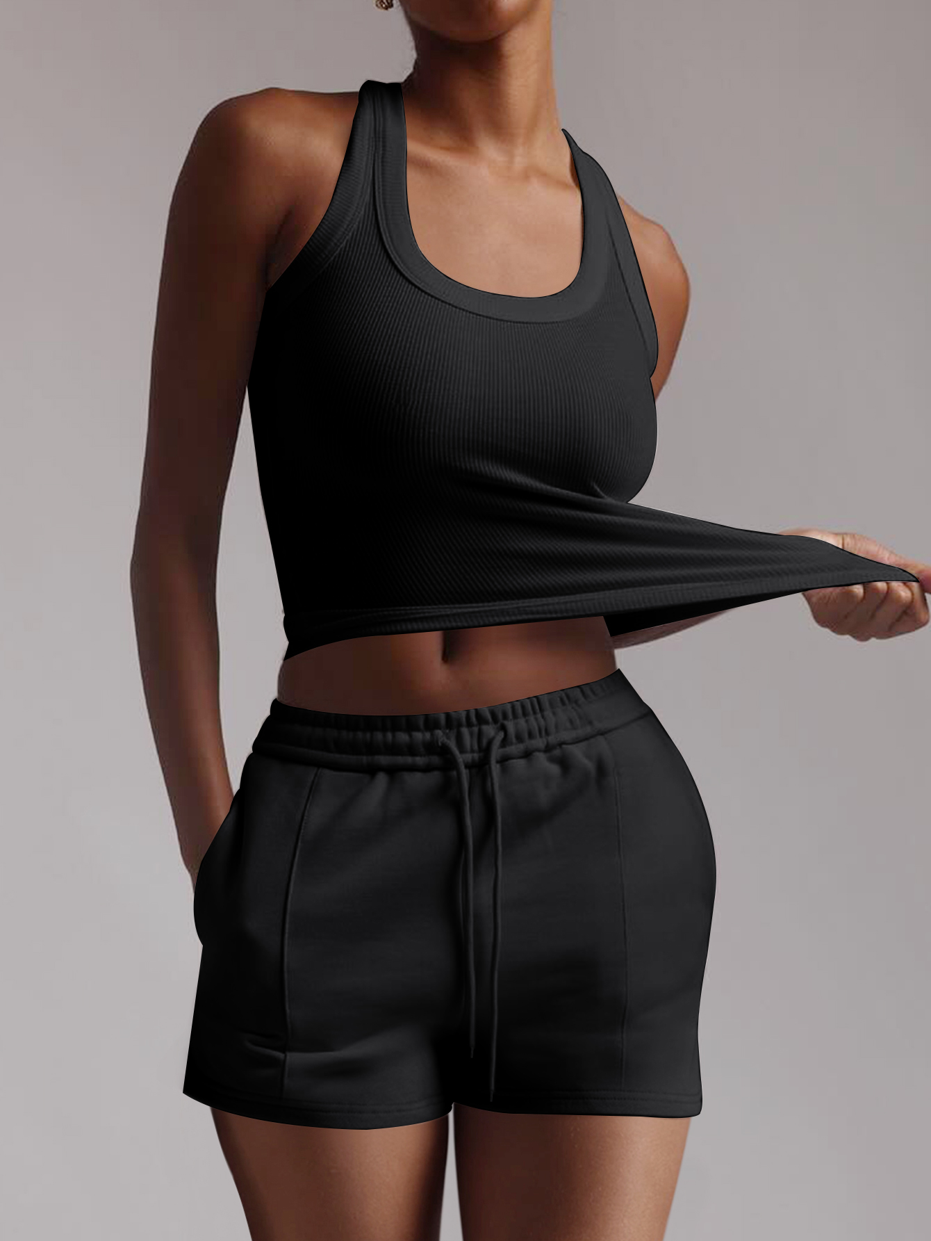 LW Casual Pit Article Fabrics Sweat U Neck Solid Color Sleeveless Two-piece Shorts Set