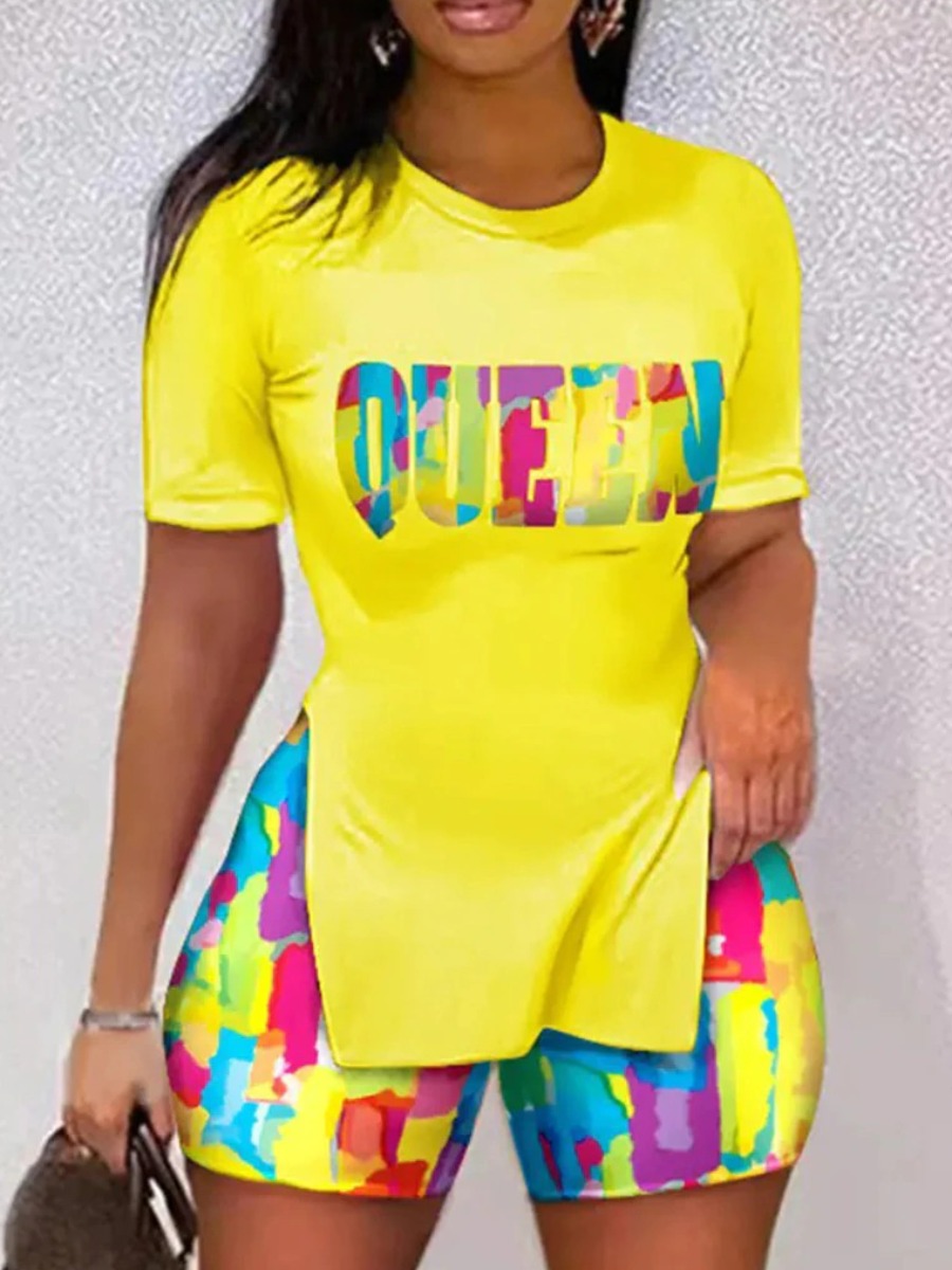 LW Plus Size Split Pattern Letter Two-piece Shorts Set