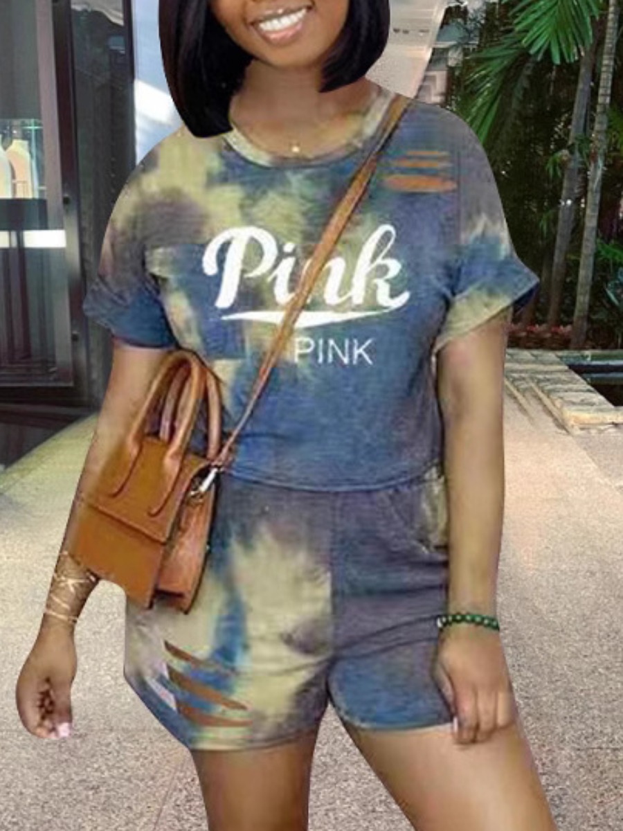 LW Casual Polyester Round Neck Pattern Letter Short Sleeve Two-piece Shorts Set