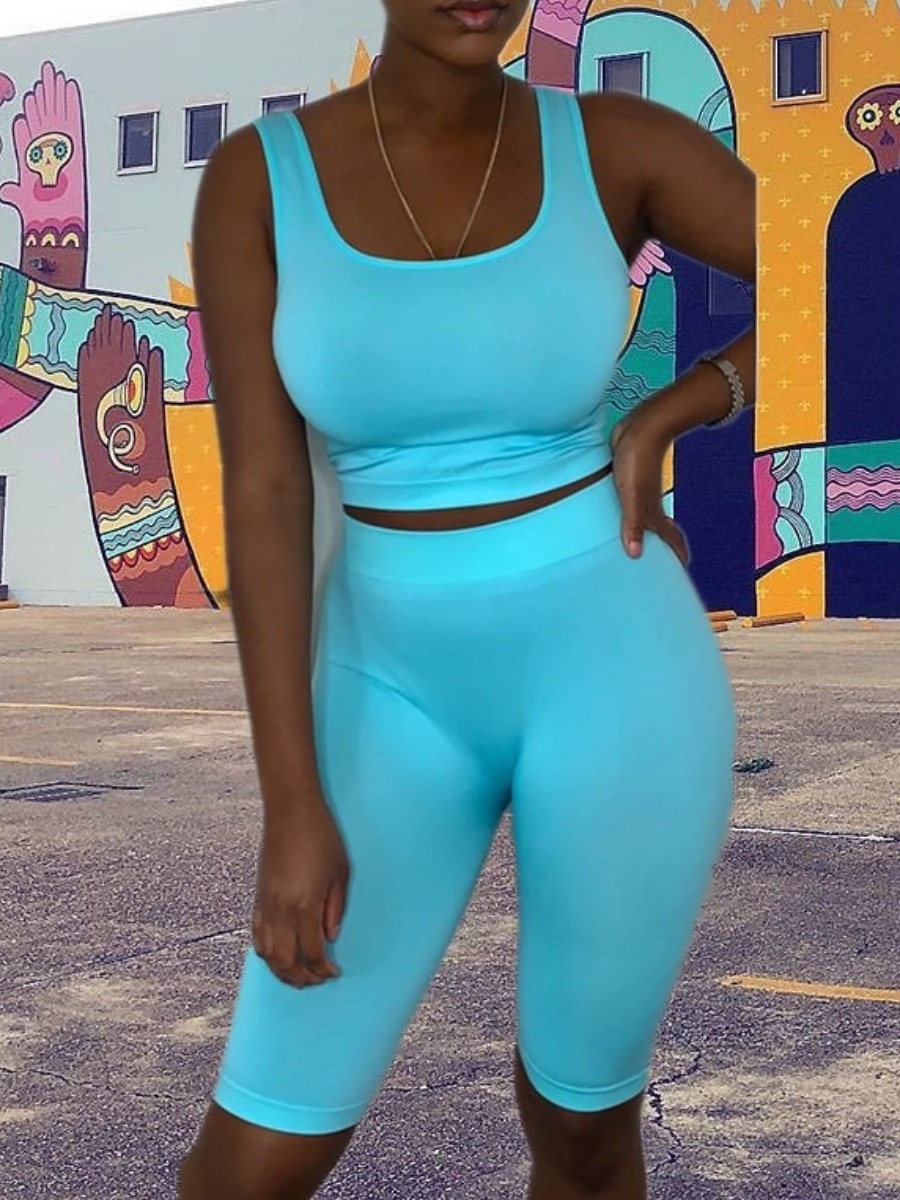 LW BASICS Casual Polyester U Neck Solid Color Sleeveless Two-piece Shorts Set