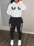 LW Street Polyester Hooded Collar Pattern Letter Print Long Sleeve Black And White Two-piece Pants Set