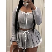 LW Sweet Polyester U Neck Bow Lace Solid Color Lon