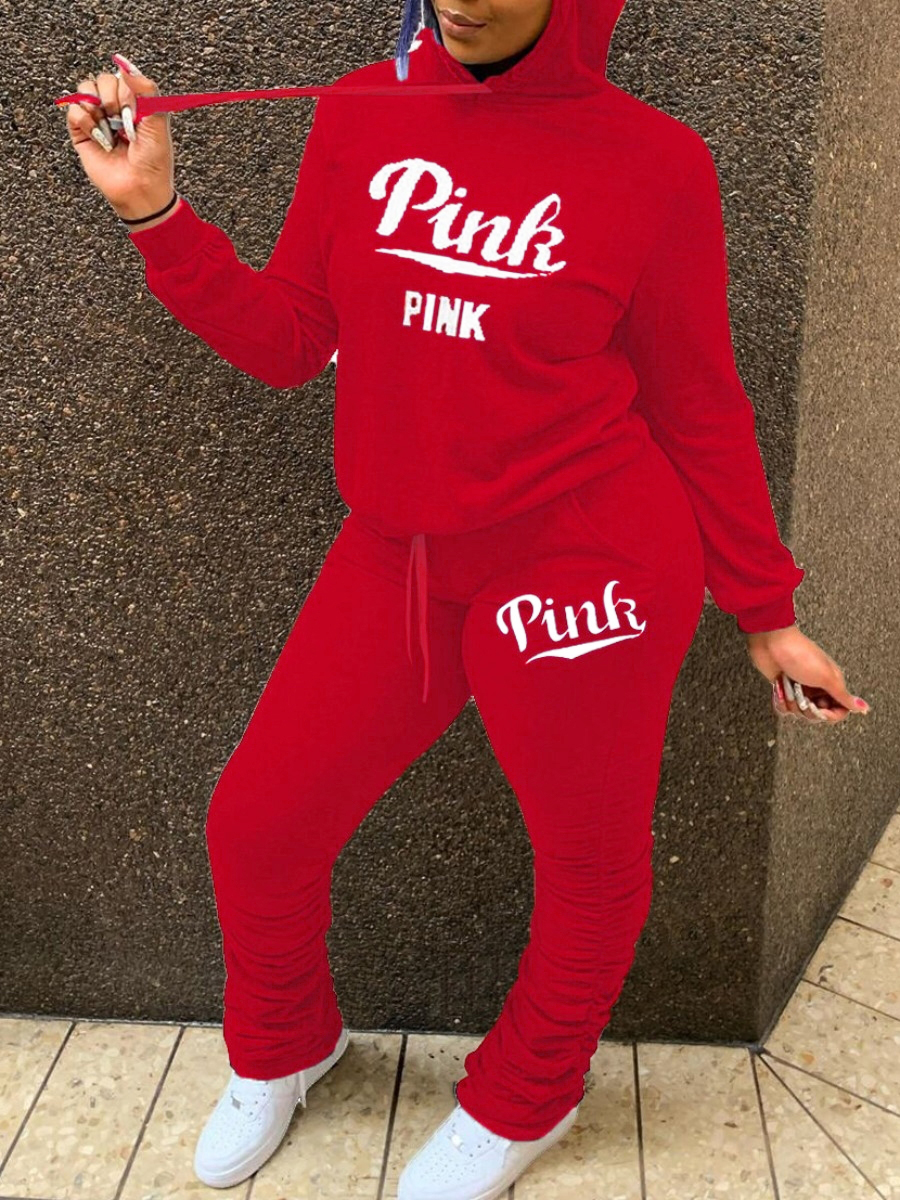 LW Street Polyester Hooded Collar Drawstring Letter Long Sleeve Two-piece Pants Set