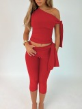 LW Casual Polyester One Shoulder Bandage Design Solid Color Sleeveless Two-piece Pants Set