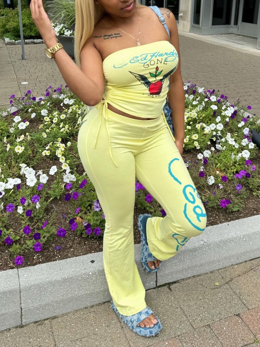 LW Street Polyester Strapless Pattern Letter Sleeveless Two-piece Pants Set