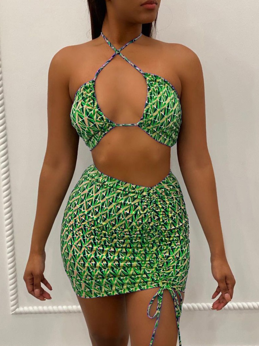 LW SXY Sxy Polyester Halter Drawstring Geometric Pattern Sleeveless Two-piece Skirt Set