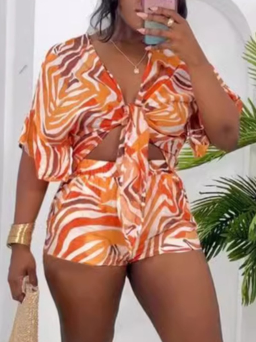 LW Vacation Polyester V Neck Bandage Design Geomet