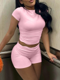 LW BASICS Casual Modal Round Neck Solid Color Short Sleeve Two-piece Shorts Set