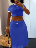 LW BASICS Casual Polyester Round Neck Solid Color Short Sleeve Two-piece Skirt Set