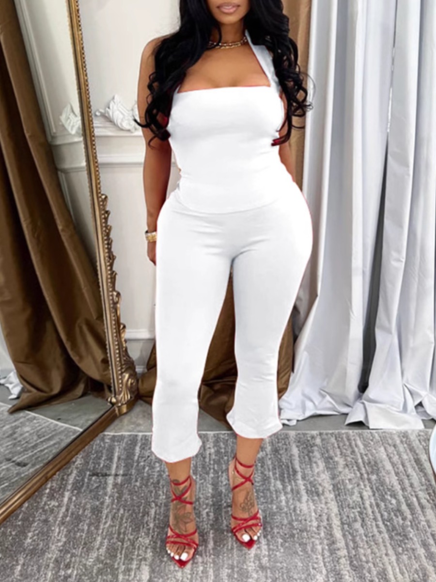 LW BASICS Elegant Polyester Square Collar Solid Color Sleeveless Two-piece Pants Set