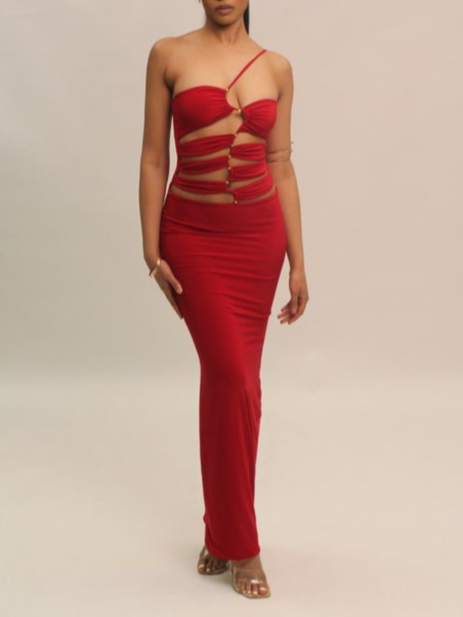 LW SXY Cut Out Asymmetrical Solid Color Maxi Dress