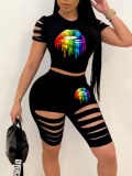 LW Casual Polyester Round Neck Ripped Lip Print Short Sleeve Two-piece Shorts Set