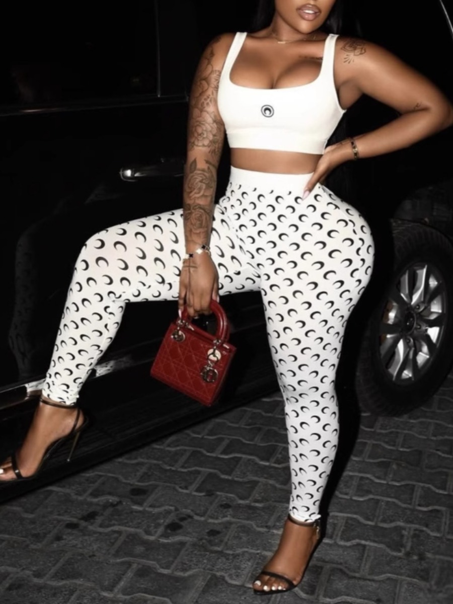 LW Casual Polyester U Neck Pattern Geometric Sleeveless Two-piece Pants Set