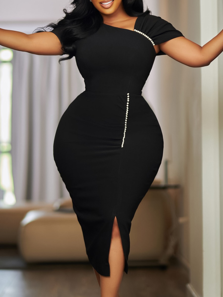 LW Plus Size Asymmetrical Pearl Solid Color Dress