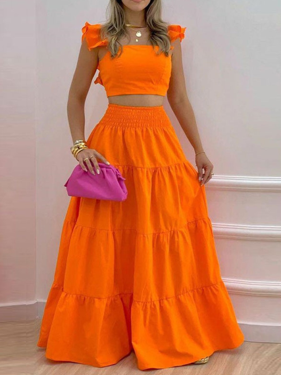 LW Vacation Polyester Square Collar Solid Color Sleeveless Two-piece Skirt Set