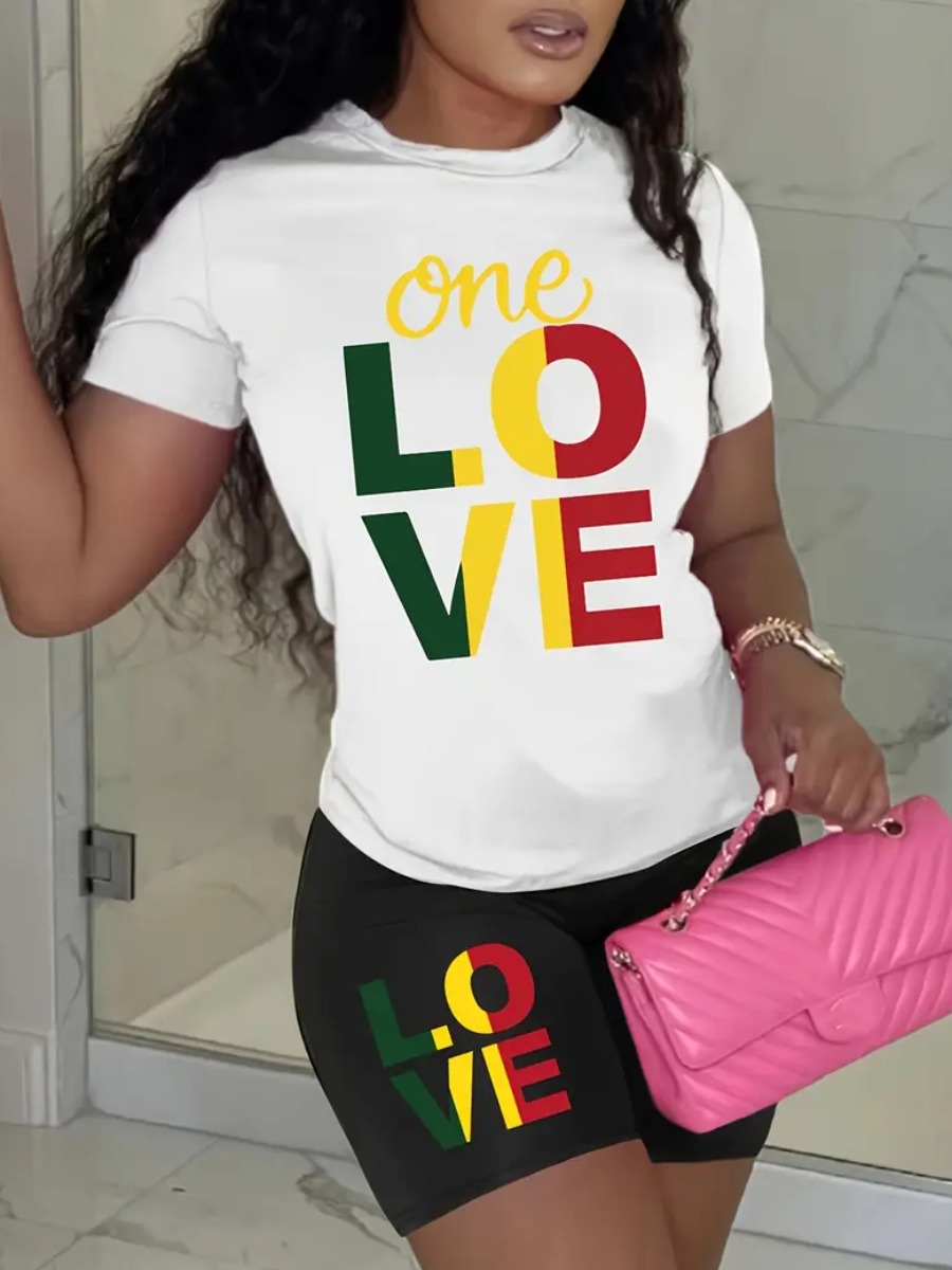 LW Casual Polyester Round Neck Pattern Letter Short Sleeve Two-piece Shorts Set