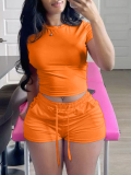 LW BASICS Casual Polyester Sweat Round Neck Solid Color Short Sleeve Two-piece Shorts Set