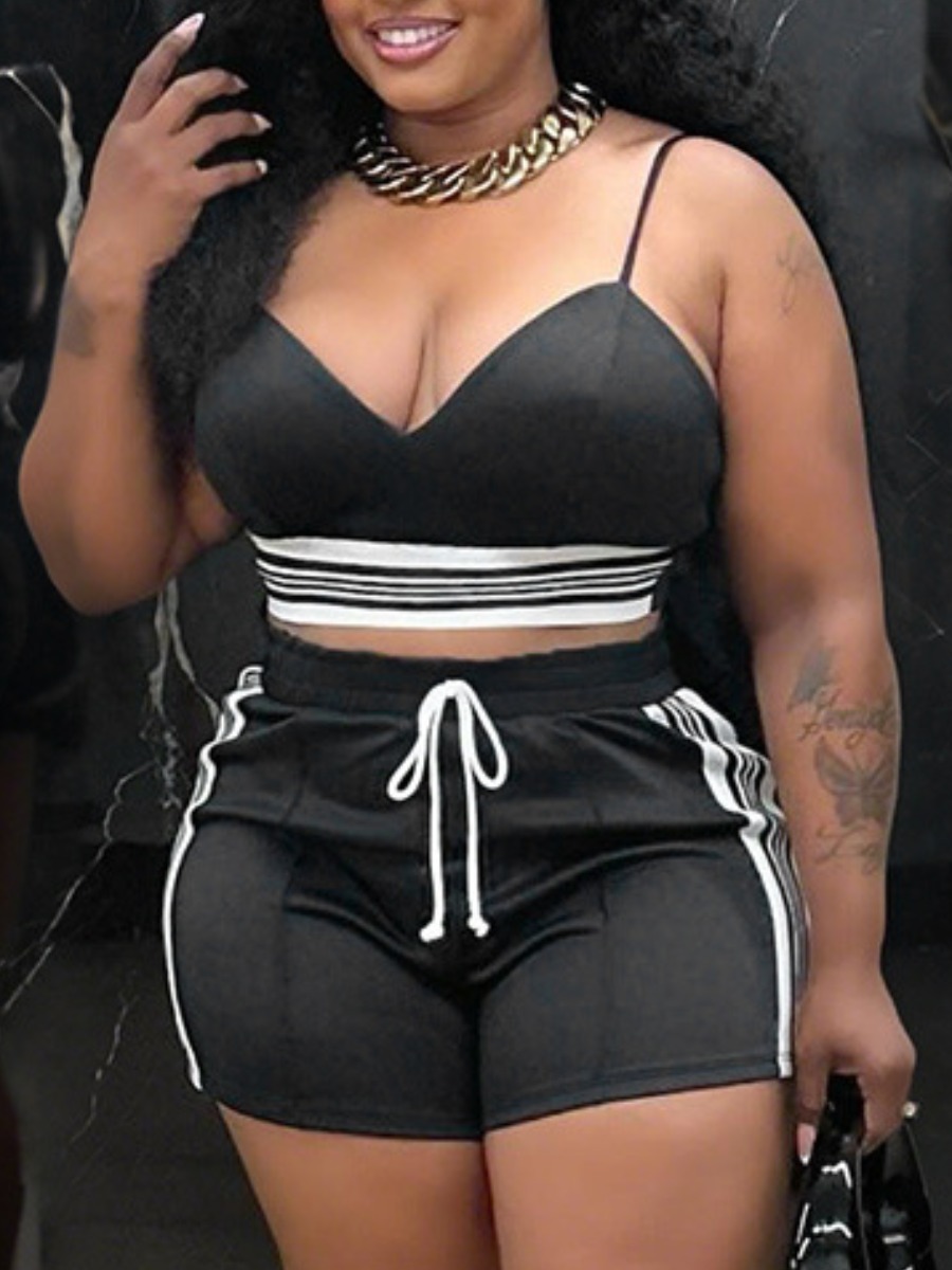 LW BASICS Casual Polyester V Neck Patchwork Striped Sleeveless Two-piece Shorts Set