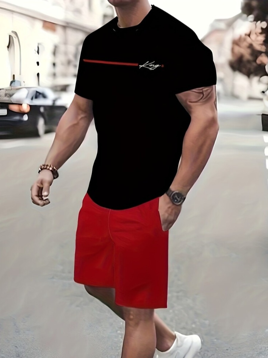 LW Men Pattern Letter Striped Two-piece Shorts Set