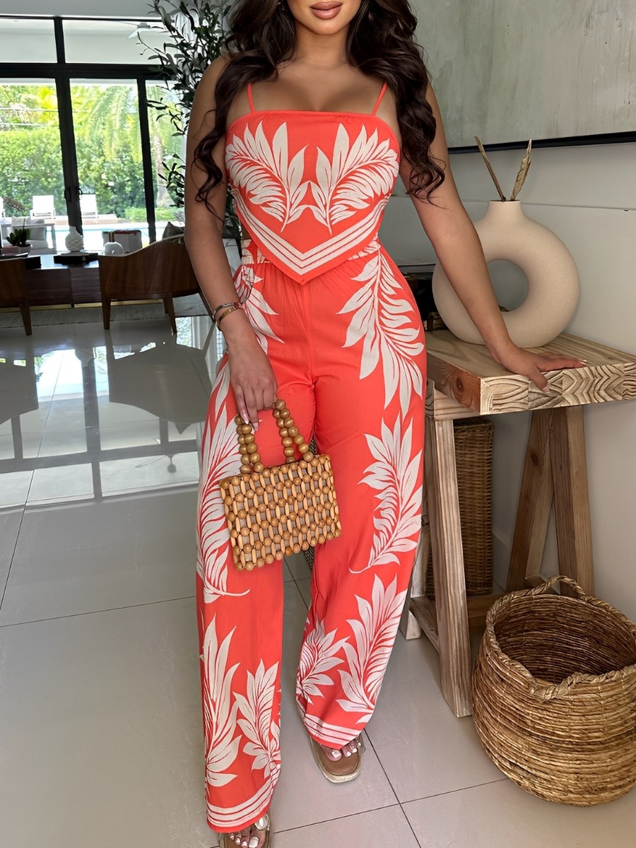 LW Vacation Polyester Spaghetti Strap Pattern Plant Sleeveless Two-piece Pants Set