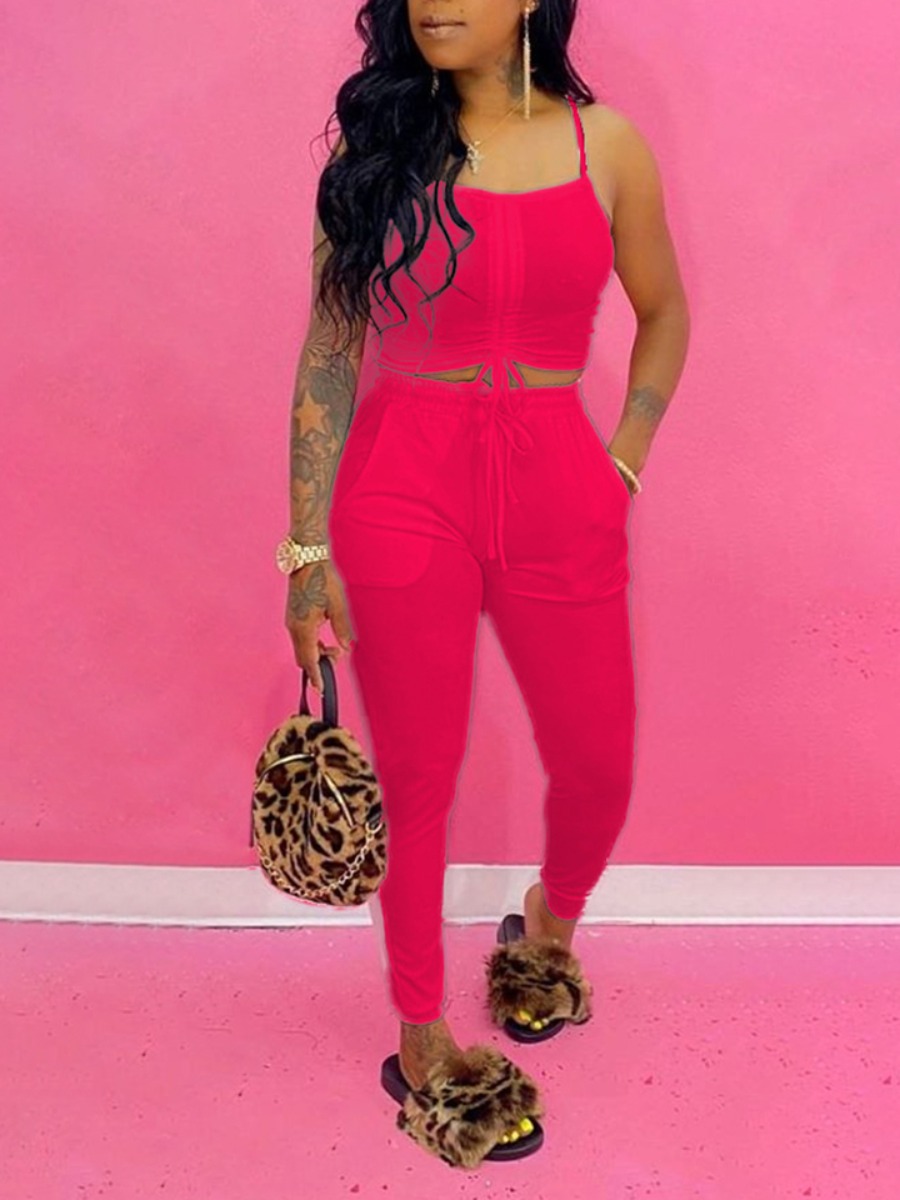 LW BASICS Casual Polyester Square Collar Solid Color Sleeveless Two-piece Pants Set