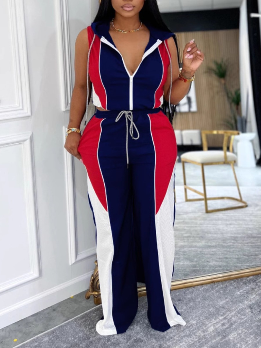 LW Street Polyester Hooded Collar Patchwork Color Contrast Sleeveless Two-piece Pants Set