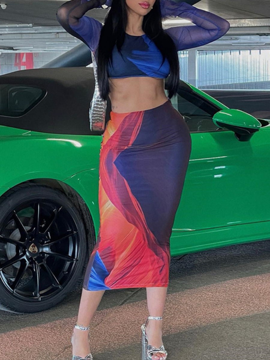 LW Vacation Polyester Round Neck Pattern Color Block Long Sleeve Two-piece Skirt Set