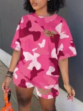 LW Street Polyester Round Neck Pattern Camo Short Sleeve Two-piece Shorts Set