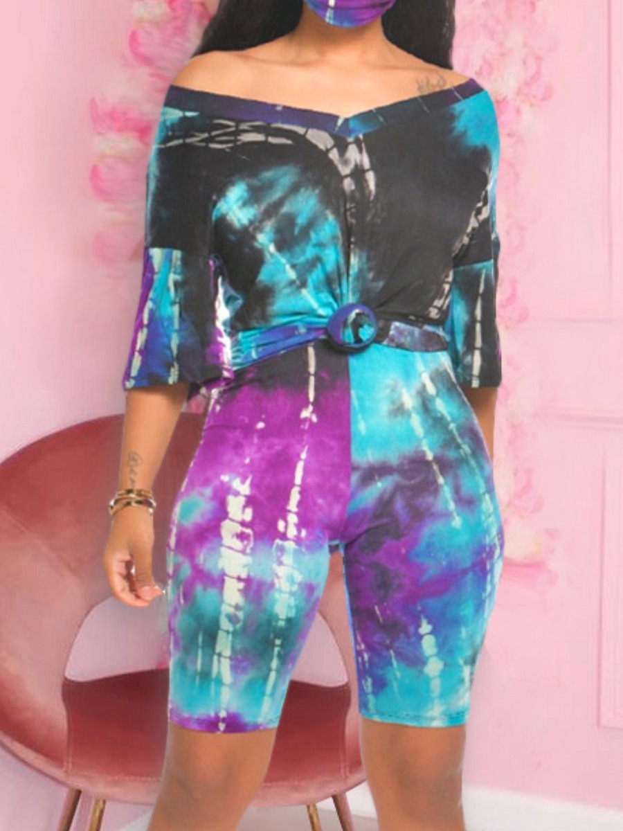 LW Casual Polyester V Neck Pattern Tie Dye Short Sleeve Two-piece Shorts Set
