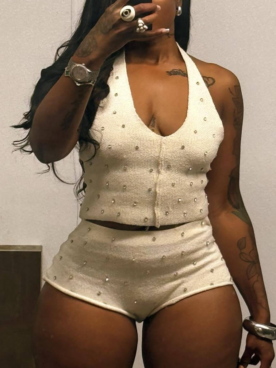 LW Casual Polyester Halter Rhinestone Solid Color 