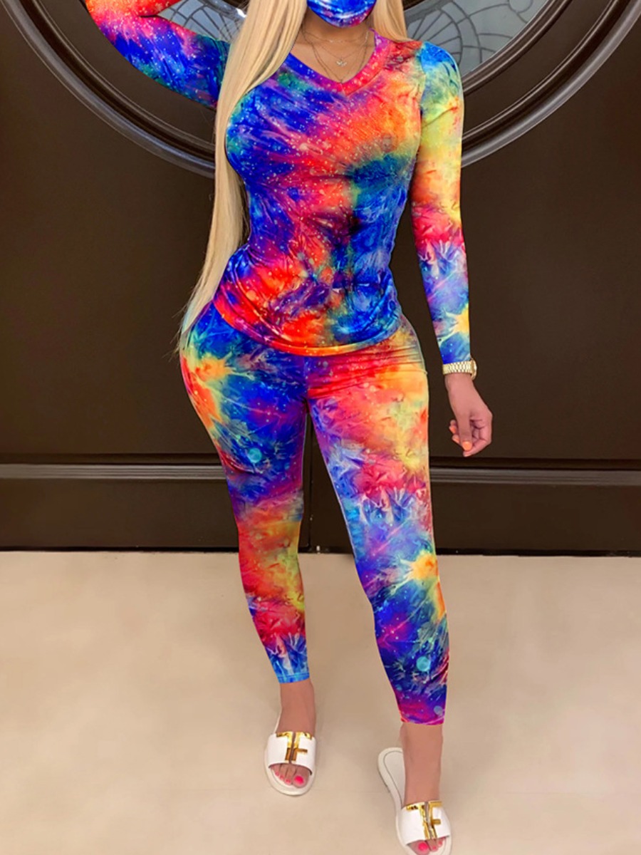 LW Casual Polyester V Neck Pattern Full Print Tie Dye Long Sleeve Two-piece Pants Set