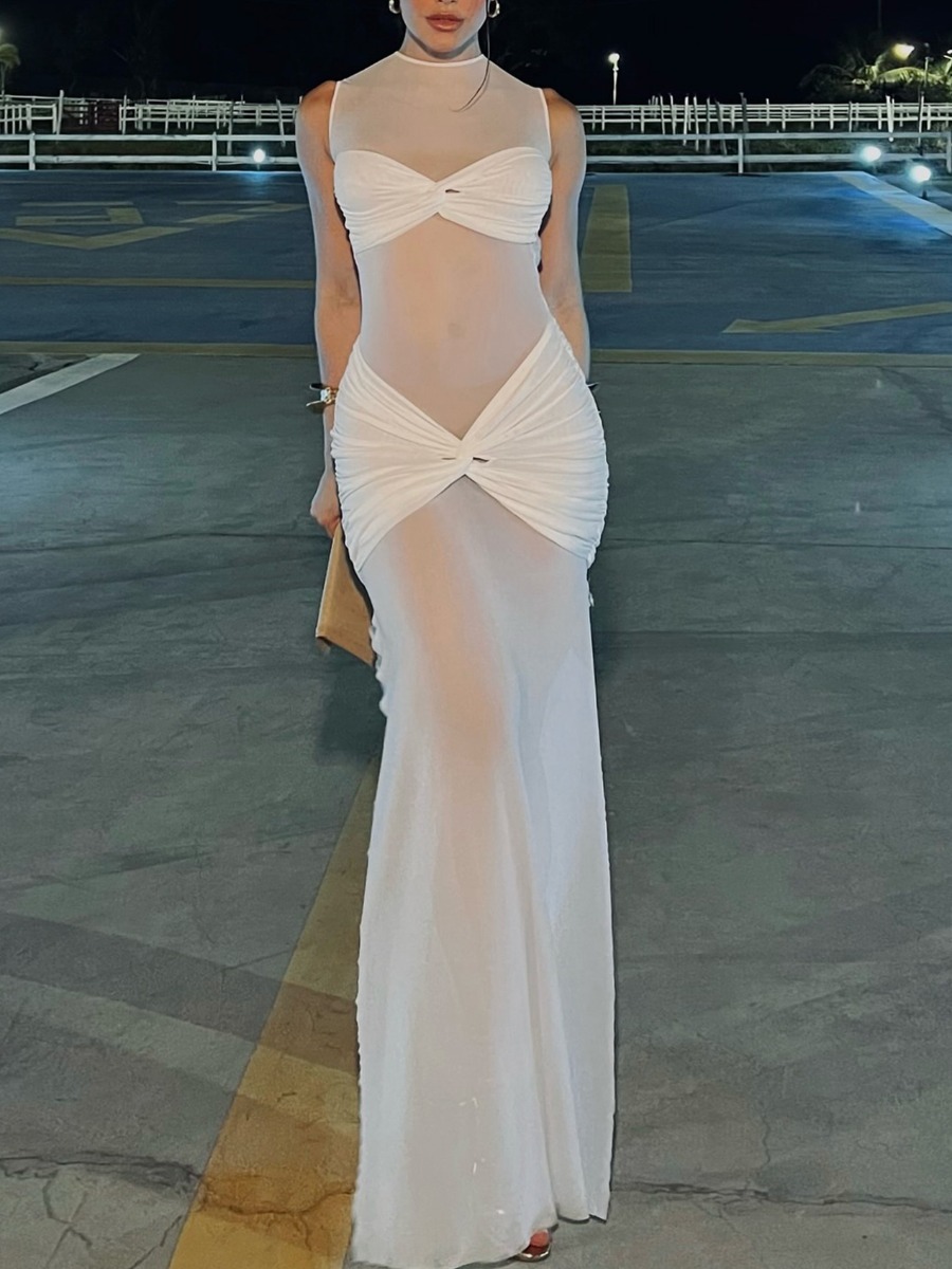 LW SXY See Through Ruched Solid Color Maxi Dress